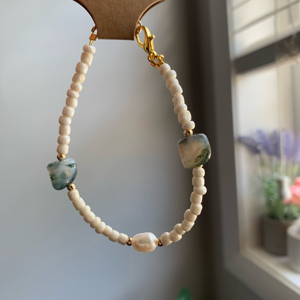 5A. Handmade Natural Pearl and Moss Agate Beaded Bracelet